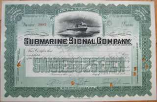 1928 Stock Certificate w/Ship Vig Submarine Signal Co.  