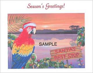 Tropical Santa Surfing Beach Parrot Christmas Cards  