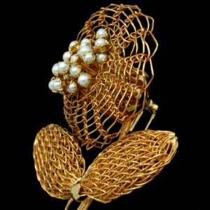 Open Weave Wire Flower Brooch Pin Vintage Vendome Faux Pearls  