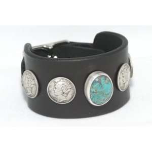  Turquoise Bracelet Sterling Silver on Black Leather 