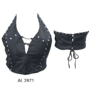  Ladies Leather Halter Top W/Stud Trim and Laced Back 