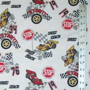 44 Wide Flannel Fabric, Race Car Demon Speed Flag Start Stop Wheels 