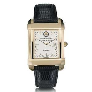 US Merchant Marine Academy Mens Swiss Watch   Gold Quad with Leather 