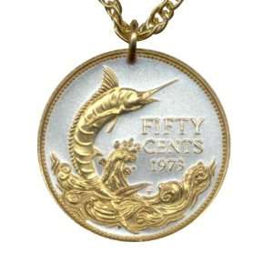  24k Gold on Sterling Silver World Coin Necklace   Bahamas 50 cent 