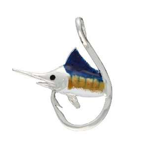  Mens Blue Marlin Fish Hook Pendant Sterling Silver 