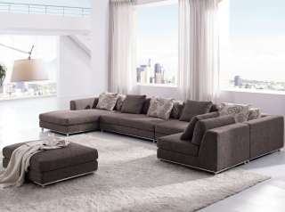 Contemporary Brown Fabric Sectional Sofa Set w/ Modern Chaise Ottoman 