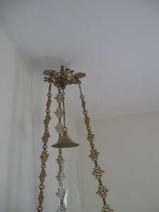 ANTIQUE 1800s STUNNING BRASS HANGING OIL LAMP AMBER HOBNAIL, SMOKE 
