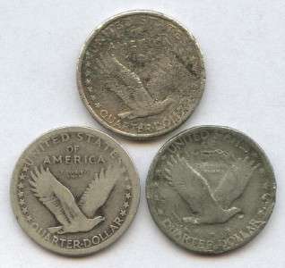 1917 S, 1926, No Date (3) Type I Standing Liberty 25¢ SILVER Quarter 
