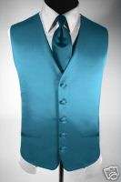 Turquoise satin FULLBACK tuxedo vest /longtie Medium  