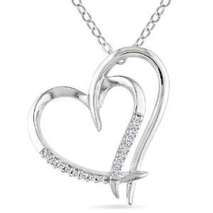  Sterling Silver White Diamonds Heart Pendant Necklace 