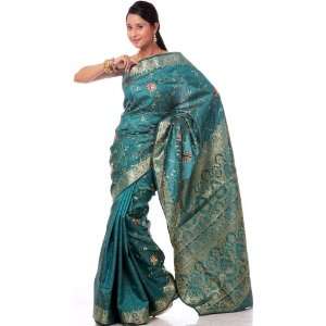 Green Tanchoi Sari from Banaras with All Over Golden Thread Weave and 