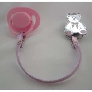  Pink Teddy Bear Mirror Pacifier Clip with Faux Leather 