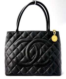 Authentic CHANEL Black Caviar Leather Medallion Tote Handbag Purse Bag 