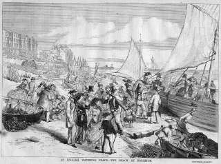 BEACH AT BRIGHTON 1857, BOATS, FISHERMEN NETS, TOURISTS  