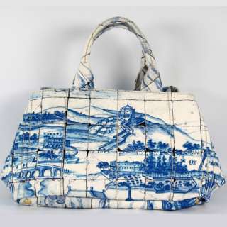 Prada White w Blue Canvas Canapa Azulejos Shoulder Bag  