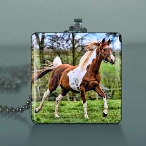 Galloping Horse Large Glass Tile Necklace Pendant B15  