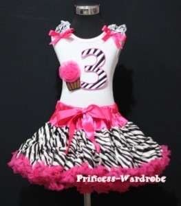 Baby Hot Pink Zebra Pettiskirt 3rd Birthday Cupcake Set  