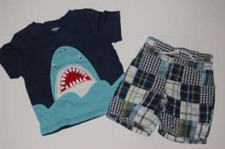 Gymboree SHARK COVE Shark Applique Tee Top & Plaid Shorts SET SIZE 2 