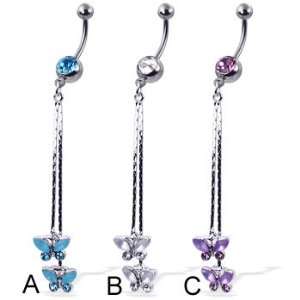 Belly button ring with two butterflies on dangles, aquamarine   A