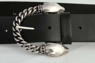 Tobacco Road custom Black Italian Leather Belt Chained Panther Heads 