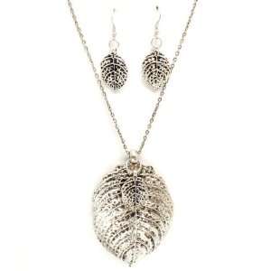   JEWELRY   Silver Tone Big Leaf Necklace & Earrings Set Jewelry