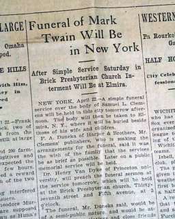   TWAIN Samuel Clemens Author DEATH Newspaper NY burial Elmira, New York