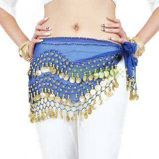 Belly Dance Hip Skirt Scarf Wrap Belt With 128 Golden Coins 6 Colors 