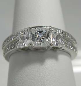 52 CTW PRINCESS CUT 3 STONE WEDDING RING SET WITH ACCENTS SOLID 14K 