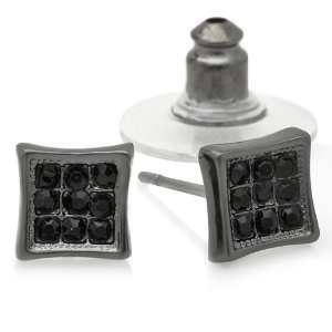 Black Rhodium Plated Stud Earrings 6.5 mm Kite Shaped Round Iced Cubic 