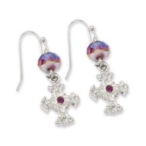  Silver tone, purple crystal cross dangle earrings Jewelry