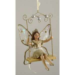  Iridescent Brunette Fairy on a Swing Christmas Ornament 