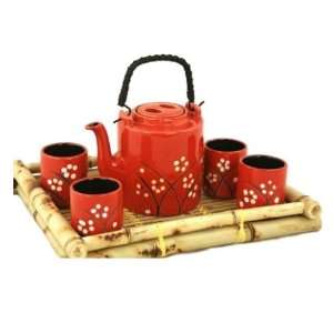  Red Porcelain Blossom Tea Set Contemporary Asian Art Decor 