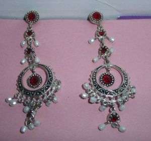 Red Stone Faux Pearls Chandelier Dangle Earrings  
