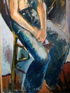   1960s Framed Acrylic Painting Teen Boy in Denim Jeans Portrait  
