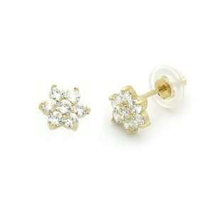   White CZ Cluster Yellow Gold Earring W/ Safety Back For Kids & Teens