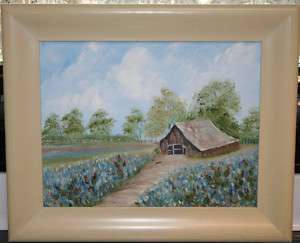   Bluebonnet / Old Barn Oil Painting on Canvas in Blond Frame  