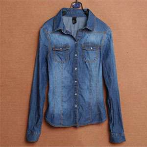   Retro vintage Long Sleeve Blue Jean Denim Shirt Tops Blouse Iji  
