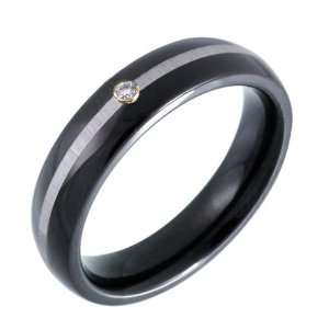 Mens Black Plated Stainless Steel with Silver Line and Cubic Zirconia 