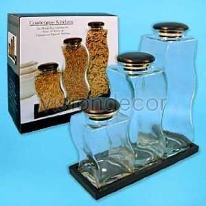 3PC Glass Canister Set Food Storage Container with Wooden Tray  