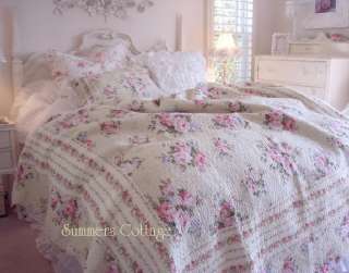 SHABBY COTTAGE FRENCH COUNTRY CHIC PINK ROSES QUEEN QUILT SET 