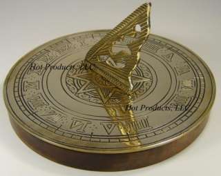 SOLID BRASS nautical sundial clock compass wood plaque  