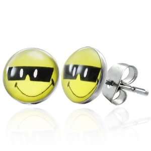   Stainless Steel Smiley Face with Sunnies Stud Earrings (pair) Jewelry