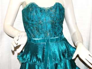   Johnson Teal Metallic Lace Tiered Strapless Bustier Party Dress 2 NWOT