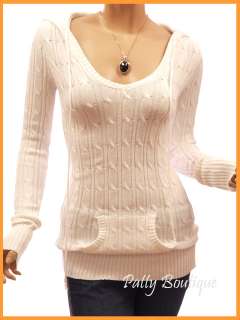 Comfy Ivory White Cable Knit Long Sleeve Hooded Sweater Top, M  