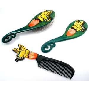  Butterfly & Rose Flower Themed Comb Hairbrush & Mirror Set 