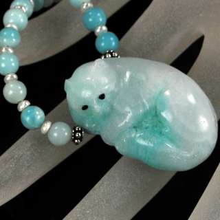 Natural Blue ite Carved Cat Pendant Sterling Silver Necklace 