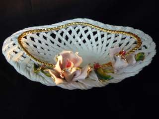 Italian Capodimonte Signed Porcelain White Woven Basket with Pink 