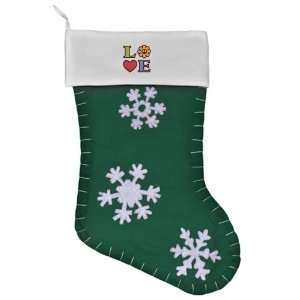   Christmas Stocking Green LOVE with Sunflower Peace Symbol and Heart