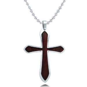  Stainless Steel Brown Wood Inlay Cross Necklace Jewelry