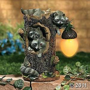 ADORABLE RACCOONS IN A TREE WITH SOLAR LIGHT YARD ACCENT NEW  